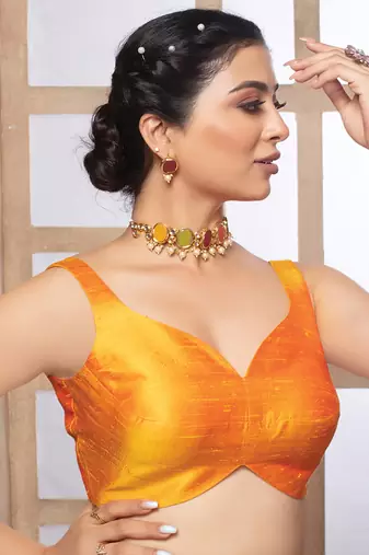 Mustard Silk Paan Neck Sleeveless Readymade  Blouse