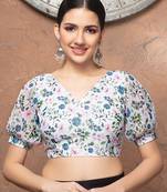 White Georgette V Neck Puff Sleeves Readymade Blouse