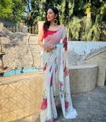 Elora pure georgette silk embellished floral print bollywood saree (white)
