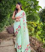 Elora pure georgette bollywood schiffli embroidered border solid saree (light green)