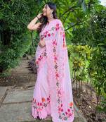 Elora Pure Georgette Bollywood Schiffli Embroidered Border Solid Saree (Pink)