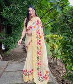 Elora Pure Georgette Bollywood Schiffli Embroidered Border Solid Saree (Yellow)