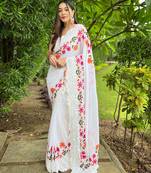 Elora Pure Georgette Bollywood Schiffli Embroidered Border Solid Saree (White)