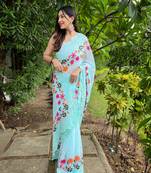 Elora Pure Georgette Bollywood Schiffli Embroidered Border Solid Saree (Sky Blue)