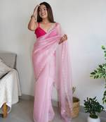 Elora Pure Organza Silk Party Wear Bollywood Plain Saree (Baby Pink)