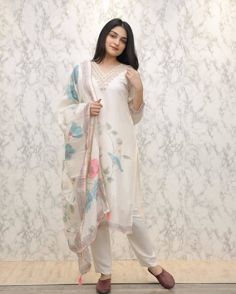 Trendmalls Kurta Set for Women Silk Blend V Neck Embroidery Salwar Suit Set Kurta Pant with Digital Printed Dupatta