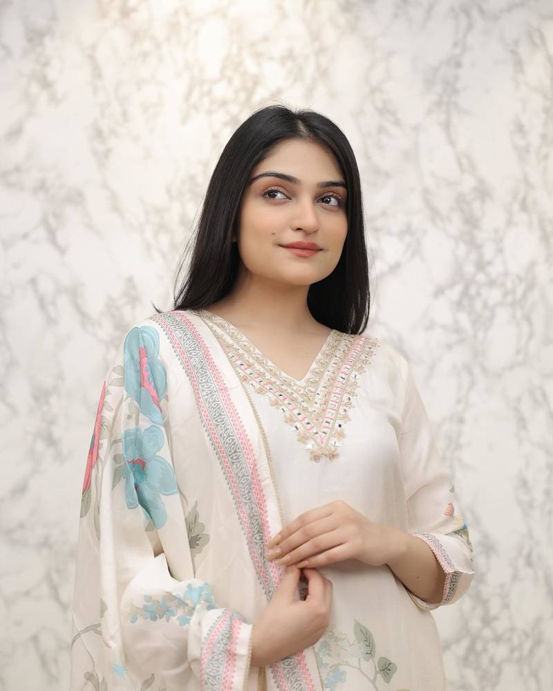 Trendmalls Kurta Set for Women Silk Blend V Neck Embroidery Salwar Suit Set Kurta Pant with Digital Printed Dupatta