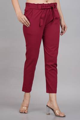 Women'S Maroon Lycra Regular Fit Trouser Pants 1