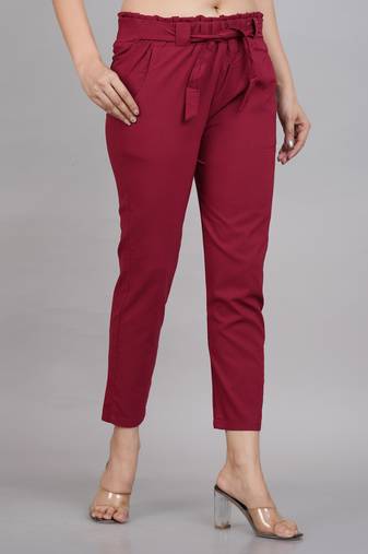 Women'S Maroon Lycra Regular Fit Trouser Pants
