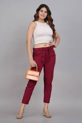Women'S Maroon Lycra Regular Fit Trouser Pants 4