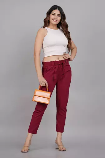 Women'S Maroon Lycra Regular Fit Trouser Pants