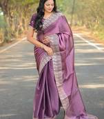 Lavender pure soft burbery silk with gold zari embroidery work saree with blouse