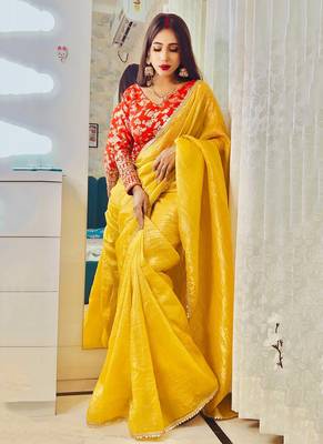 Attractive yellow crush tissue silk saree with jacquard weaving stitched blouse 1