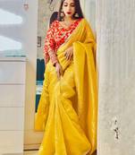 Attractive yellow crush tissue silk saree with jacquard weaving stitched blouse