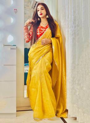 Attractive yellow crush tissue silk saree with jacquard weaving stitched blouse 2