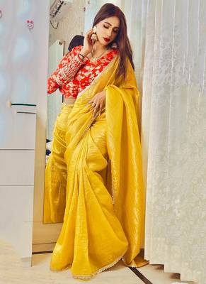 Attractive yellow crush tissue silk saree with jacquard weaving stitched blouse 4