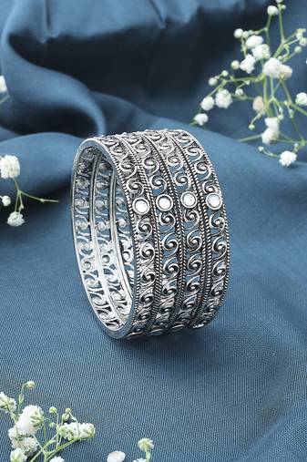 Set of 4 Oxidised Bangles With White Stones