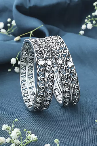 Set of 4 Oxidised Bangles With White Stones