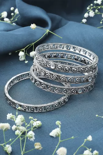 Set of 4 Oxidised Bangles With White Stones