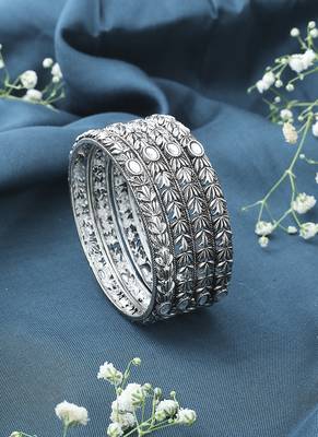 Oxidised Metallic Silver Bangle Set with White Stones 1