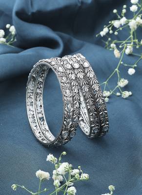 Oxidised Metallic Silver Bangle Set with White Stones 2