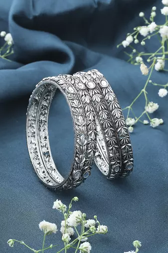 Oxidised Metallic Silver Bangle Set with White Stones