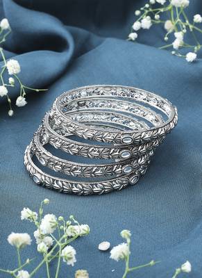 Oxidised Metallic Silver Bangle Set with White Stones 3