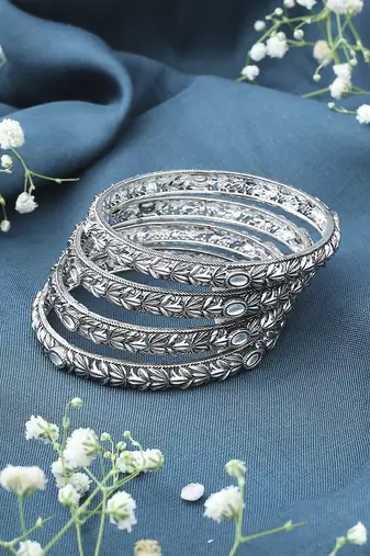 Oxidised Metallic Silver Bangle Set with White Stones