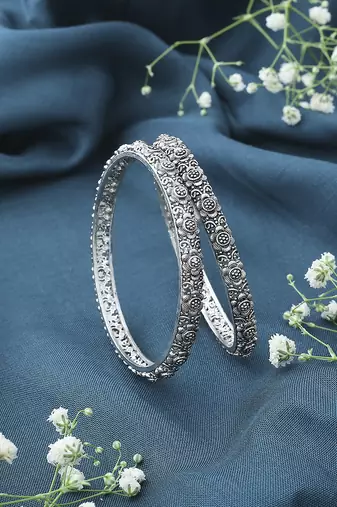 Oxidised Metallic Silver Bangle Set