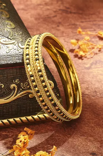 Gold-Plated Black Beaded Wedding Bangles
