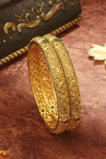 Golden Bangles with Green and Pink Stones