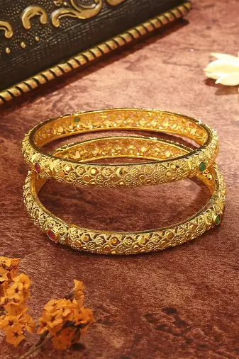 Golden Bangles with Green and Pink Stones
