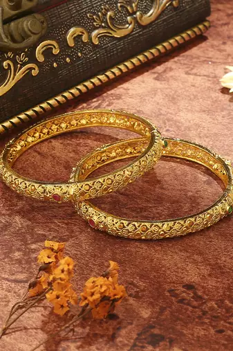 Golden Bangles with Green and Pink Stones