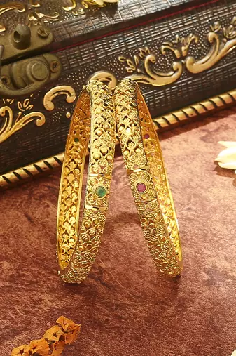 Golden Bangles with Green and Pink Stones
