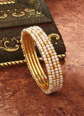 White Gold Beaded Alloy Bangles Set of 2 1