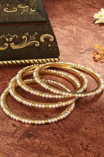 White Gold Beaded Alloy Bangles Set of 2