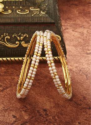 White Gold Beaded Alloy Bangles Set of 2 3