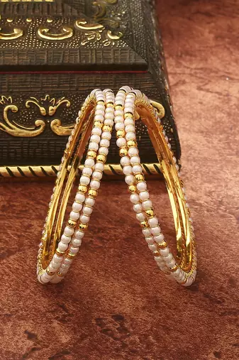 White Gold Beaded Alloy Bangles Set of 2