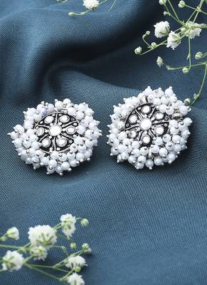 Oxidised Silver Earrings with White Beads 2