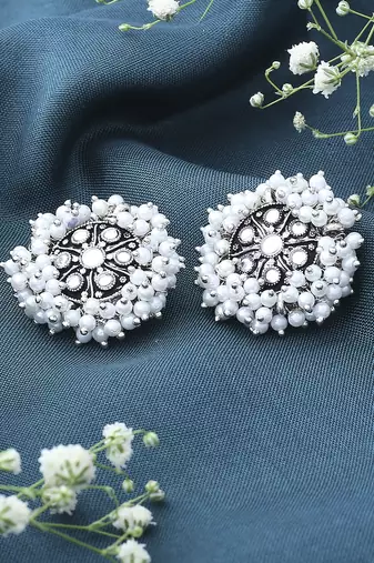Oxidised Silver Earrings with White Beads