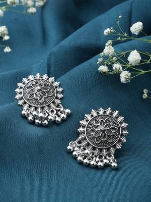Round Floral Oxidised Earrings With Hanging Beads 1