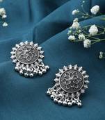 Round Floral Oxidised Earrings With Hanging Beads