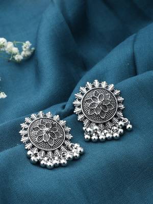 Round Floral Oxidised Earrings With Hanging Beads 2