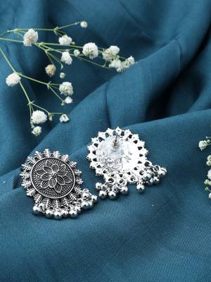Round Floral Oxidised Earrings With Hanging Beads 3