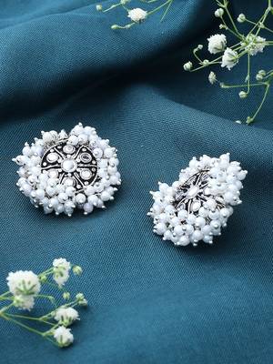 Oxidised Silver Earrings with White Beads 3