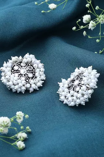 Oxidised Silver Earrings with White Beads