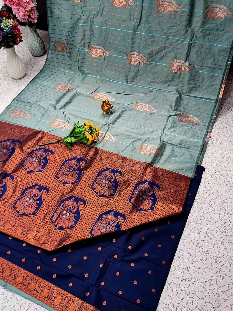 Sky Blue Color copper zari  Work Traditional fancy Vairaoosi  Soft Silk saree with blouse