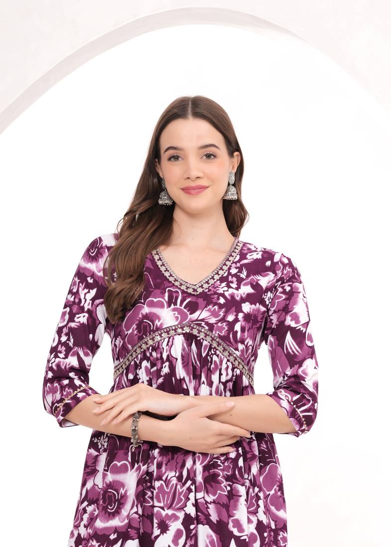 Rayon Printed Designer Naira Cut Kurti For Womens & Girls