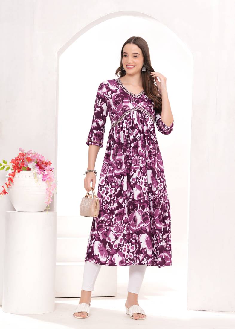 Rayon Printed Designer Naira Cut Kurti For Womens & Girls