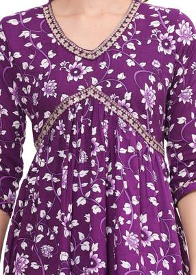 Naira Cut Rayon Jaipuri Printed Purple Kurti Set 1